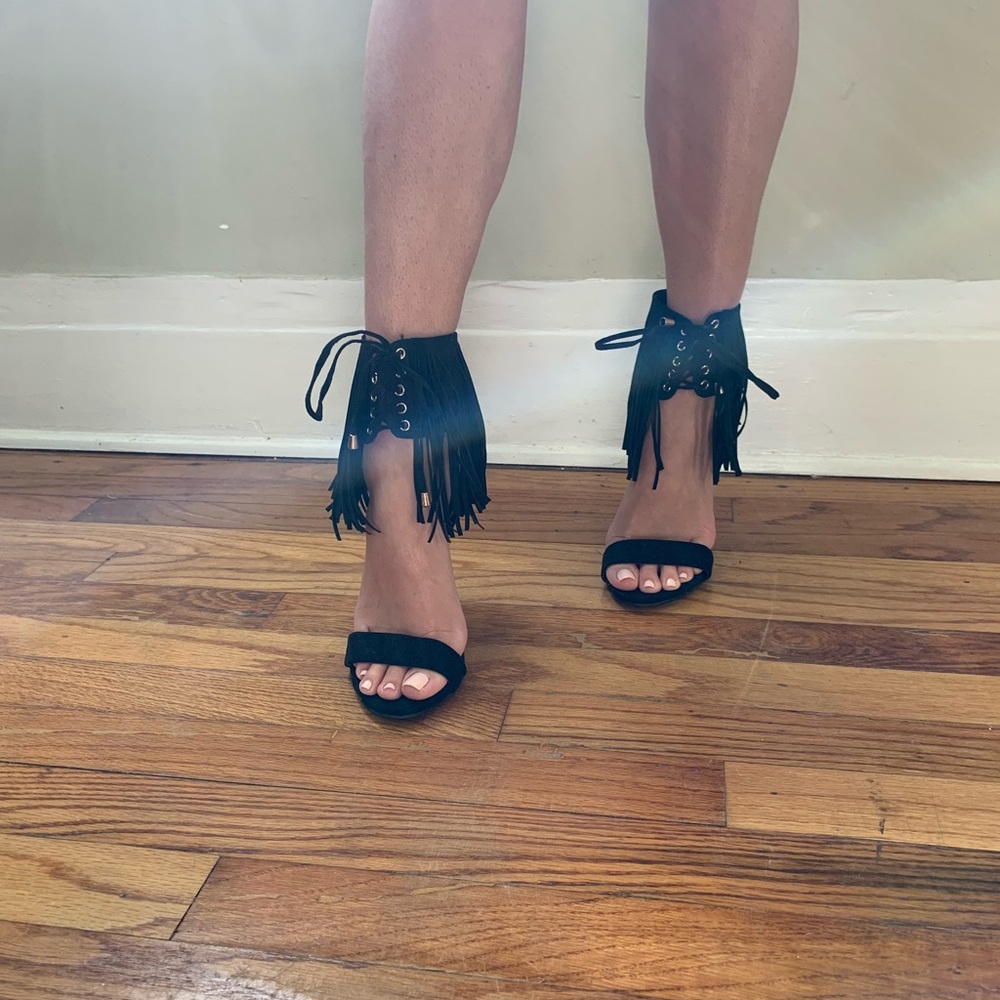 Black fringe heels